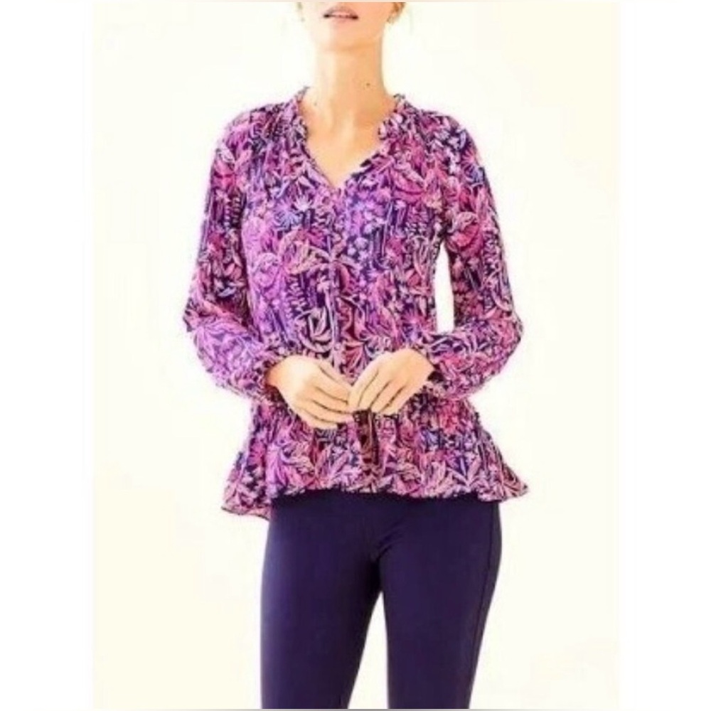 LILLY PULITZER Savanna LS Top Pink Navy Flounce Hem EUC Sz XL - Picture 5 of 14
